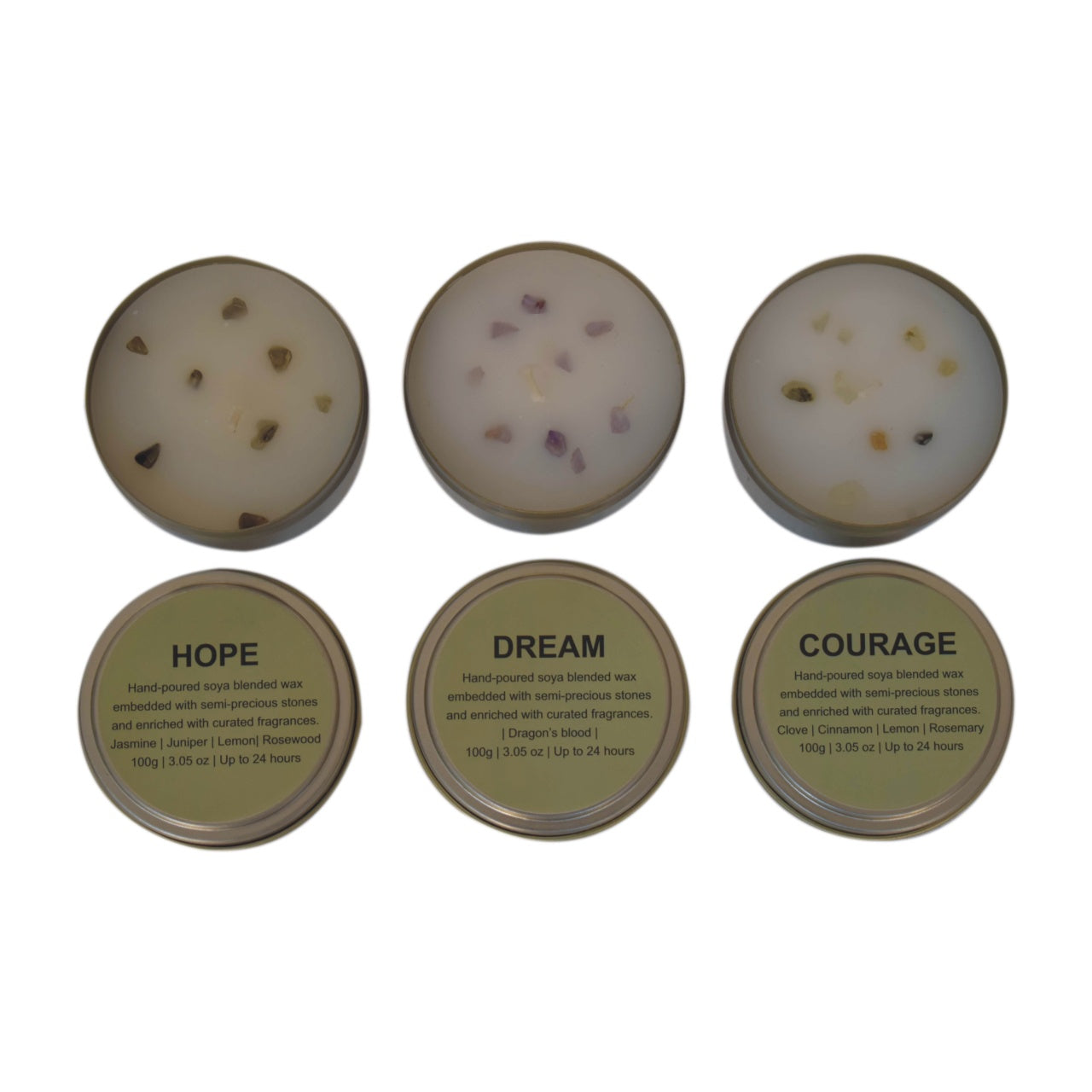 Candle Set (Courage, Dream, Hope) by Maple Manor, three round soy wax candles with semi-precious stones.