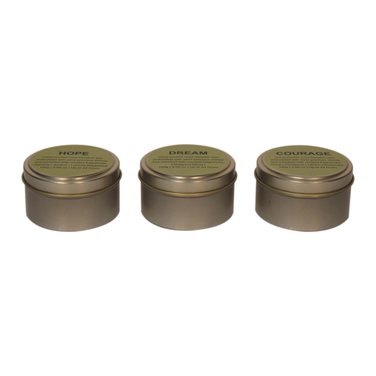 Candle Set (Courage, Dream, Hope) by Maple Manor in olive metal tins with green lids, three scents