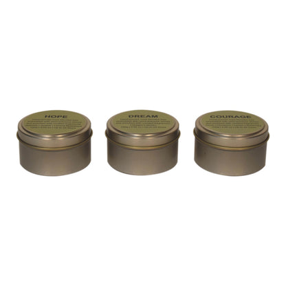 Candle Set (Courage, Dream, Hope) by Maple Manor in olive metal tins with green lids, three scents