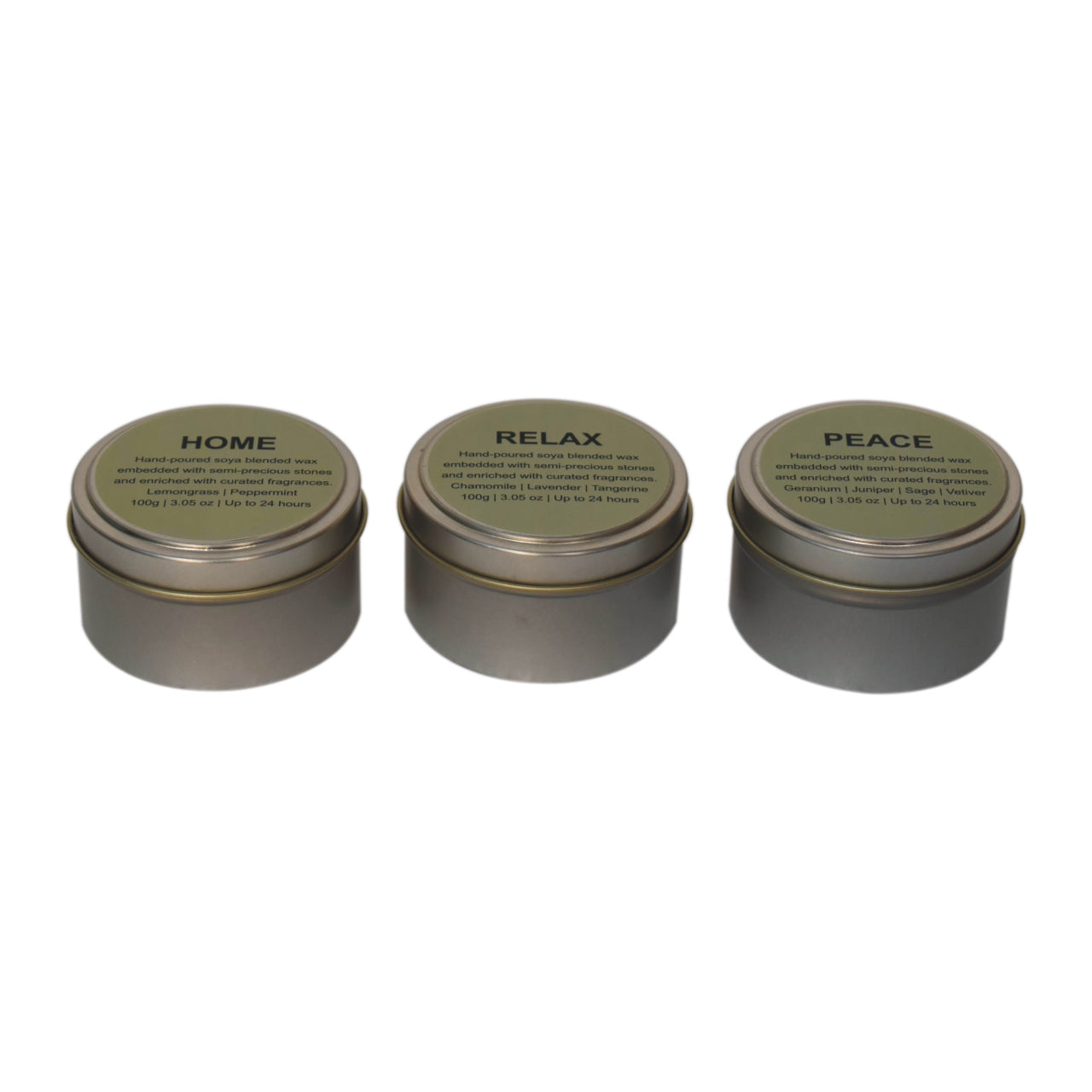 100% hand-poured soya blended wax and embedded with semi-precious stones for a cleaner