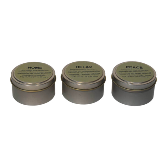 100% hand-poured soya blended wax and embedded with semi-precious stones for a cleaner