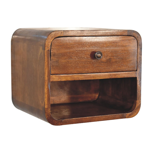 Wall mounted Bedside - Mini Curved Chestnut finish Maple Manor bedside table in chestnut wood with drawer