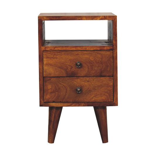 Chestnut Bedside Mini Classic by Maple Manor solid wood nightstand in chestnut with two drawers and knobs.