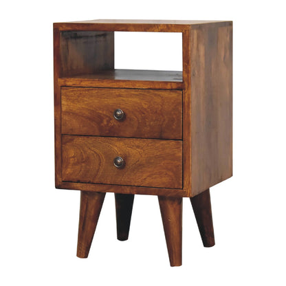 Chestnut Bedside Mini Classic by Maple Manor, solid wood bedside table with two drawers and round knobs.