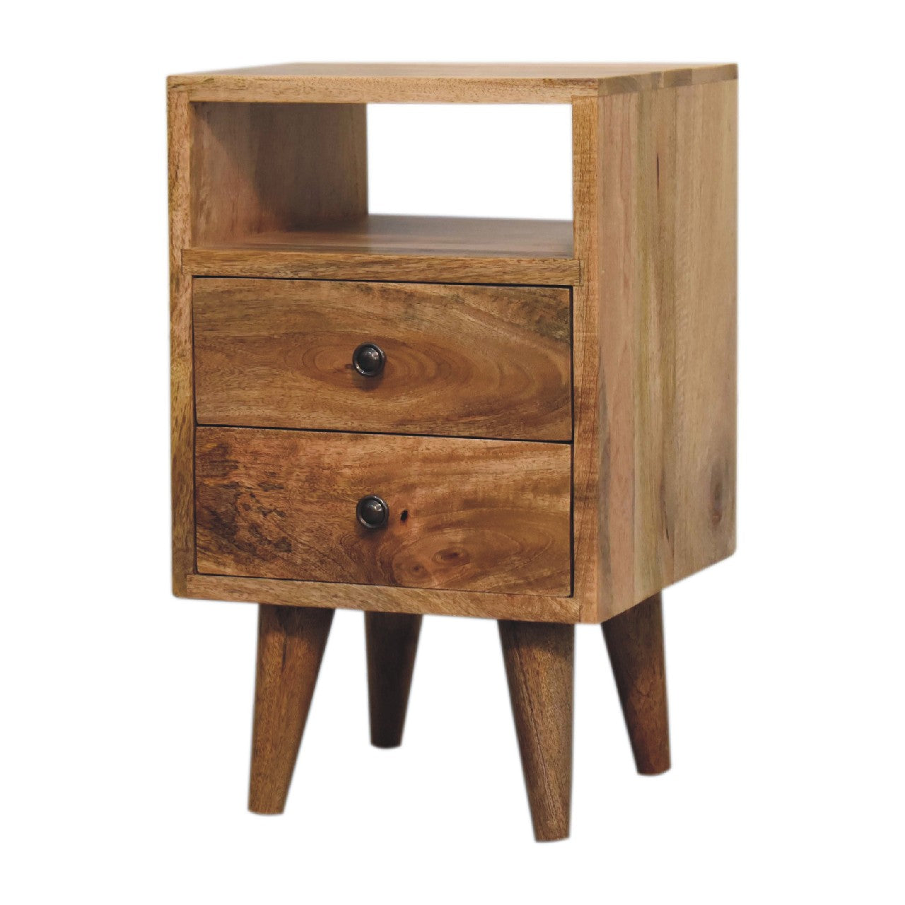 Mini Oak-ish Bedside Classic Open by Maple Manor solid wood bedside table with two drawers and open shelf.