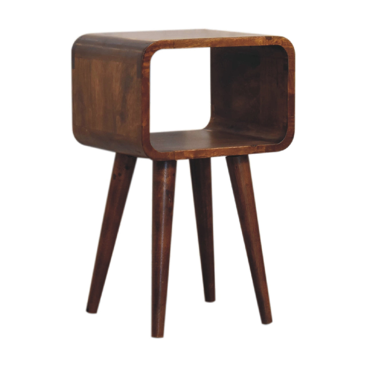 Bedside - Mini Chestnut Curved Open Maple Manor bedside table in warm chestnut wood with open curved front