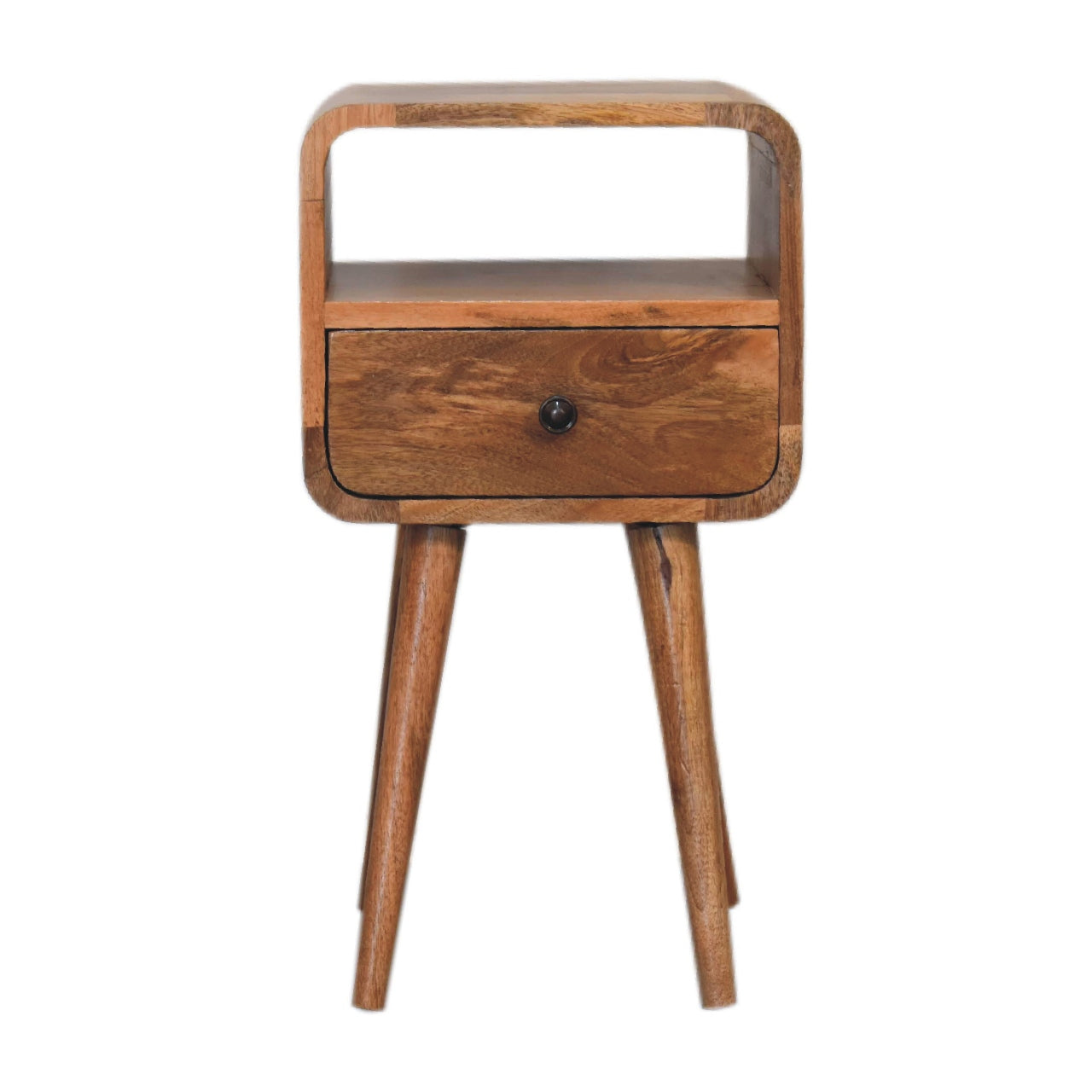 Mini Oakish Curve Open Bedside by Maple Manor, solid wood bedside table with drawer and open shelf, natural brown.