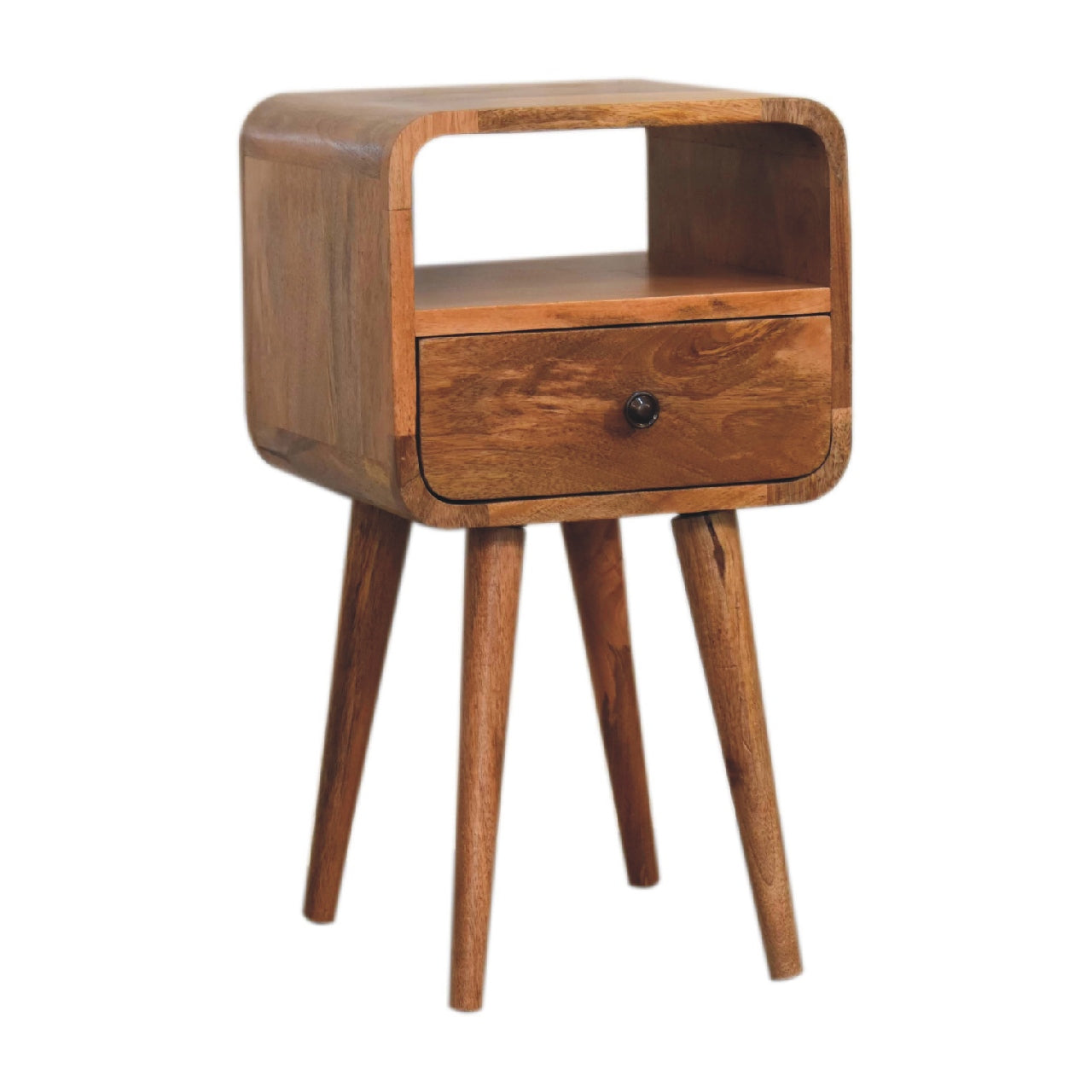 Mini Oakish Curve Open Bedside by Maple Manor, light brown mango wood bedside table with open shelf and drawer
