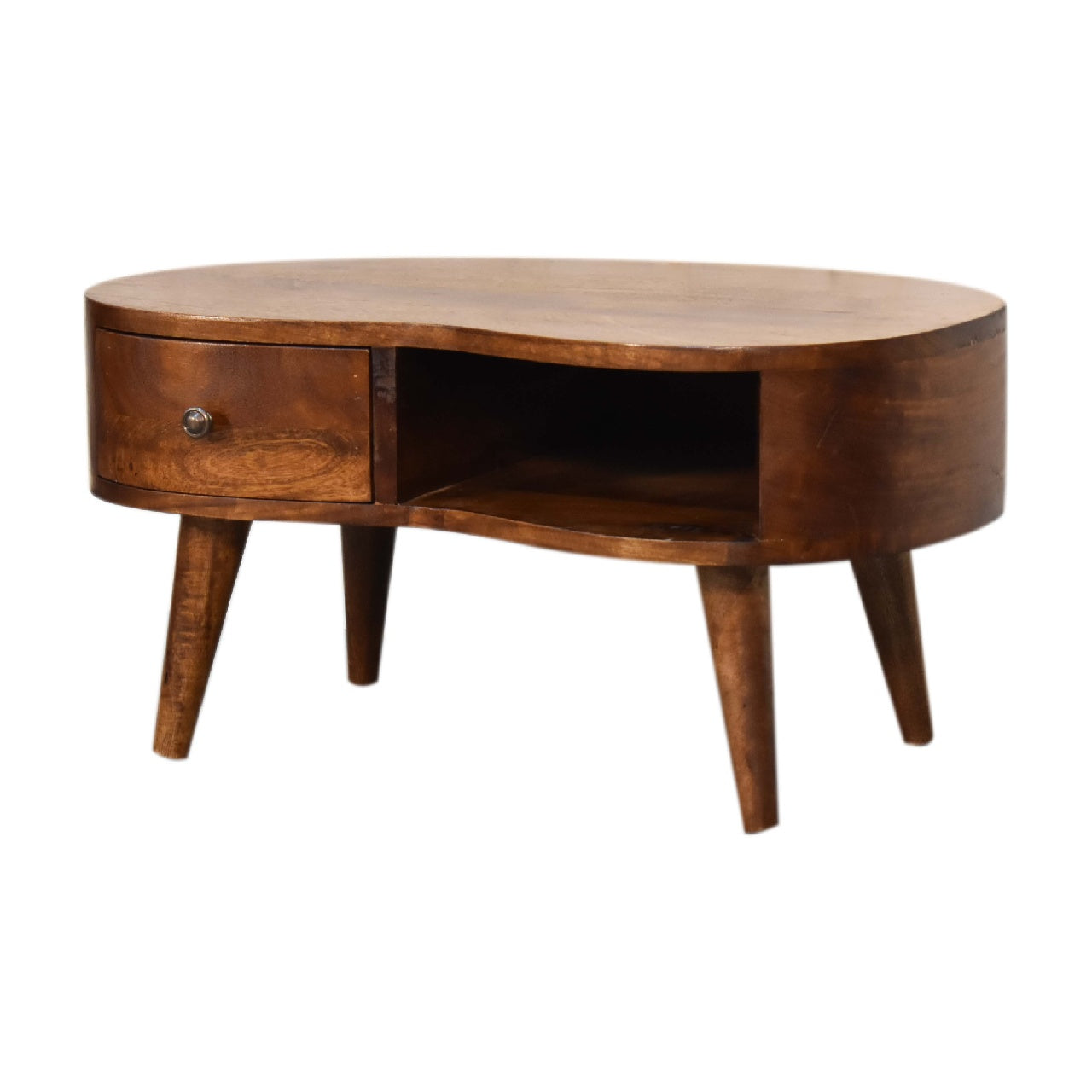 Coffee Table - Mini Chesnut Wave by Maple Manor, solid wood round table with drawer and open shelf.