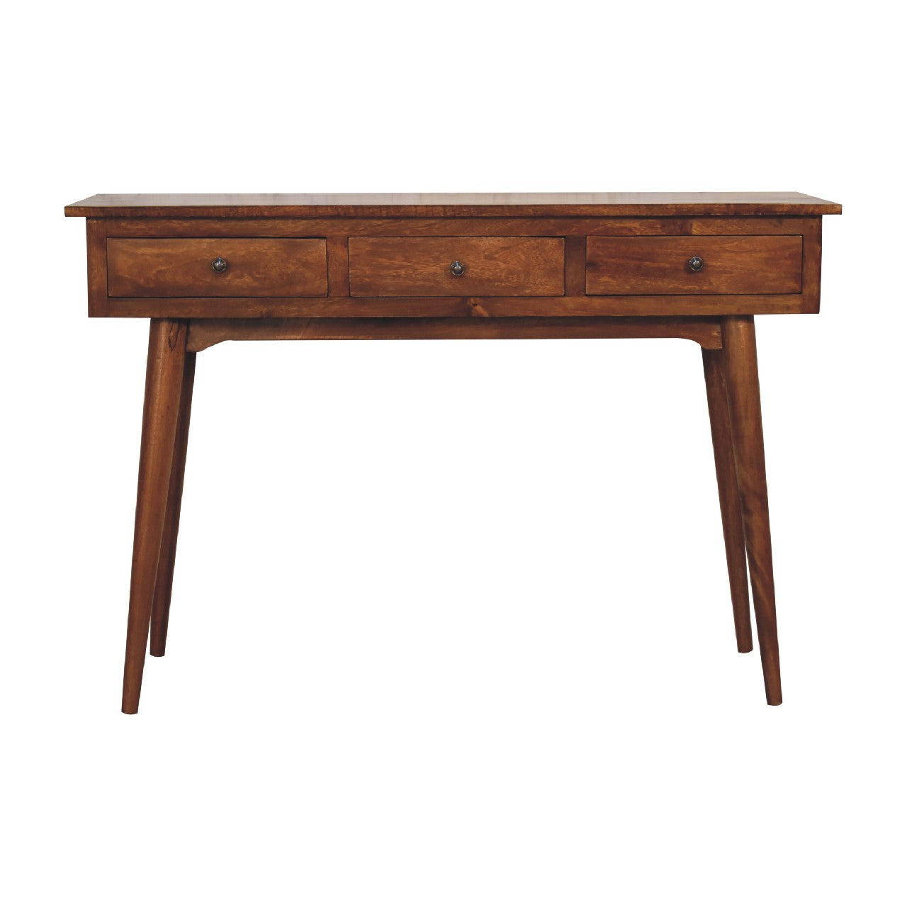 Chestnut Console Table - Large 3 Drawer by Maple Manor in chestnut solid wood, three drawers with round knobs