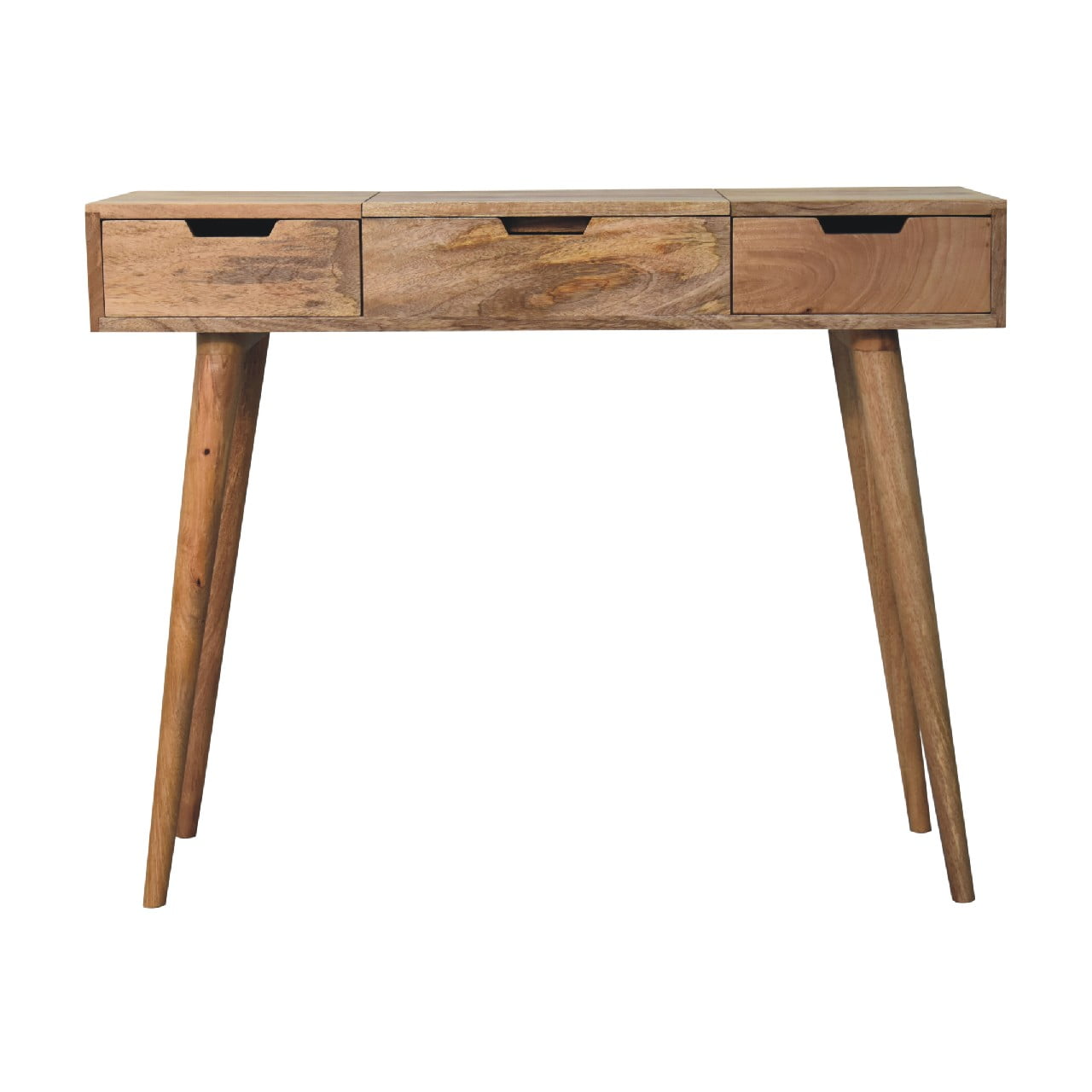 Oak-ish Dressing Table by Maple Manor, solid wood vanity in natural light grain with three drawers and black pulls.