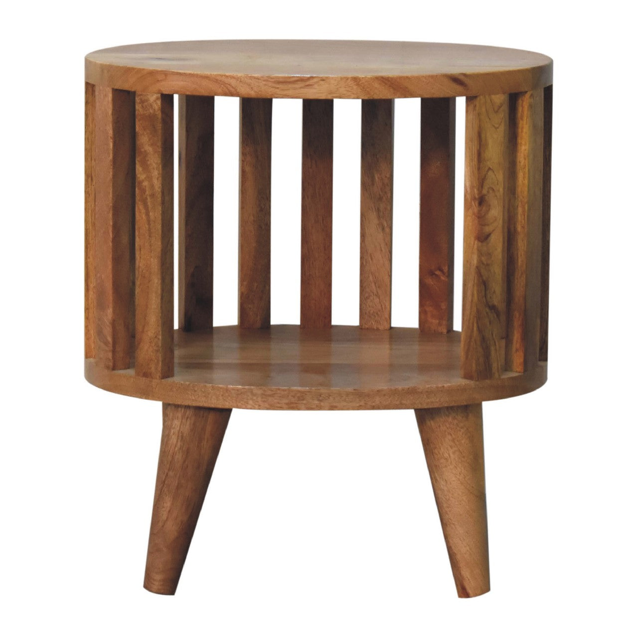 Bedside Ariella Single Shelf by Maple Manor, solid wood round bedside table with one open shelf.