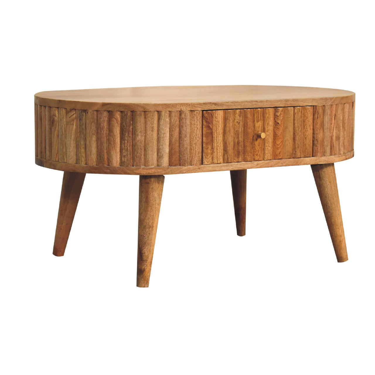 Coffee Table Stripe by Maple Manor, solid wood round coffee table with striped grain and front knob detail