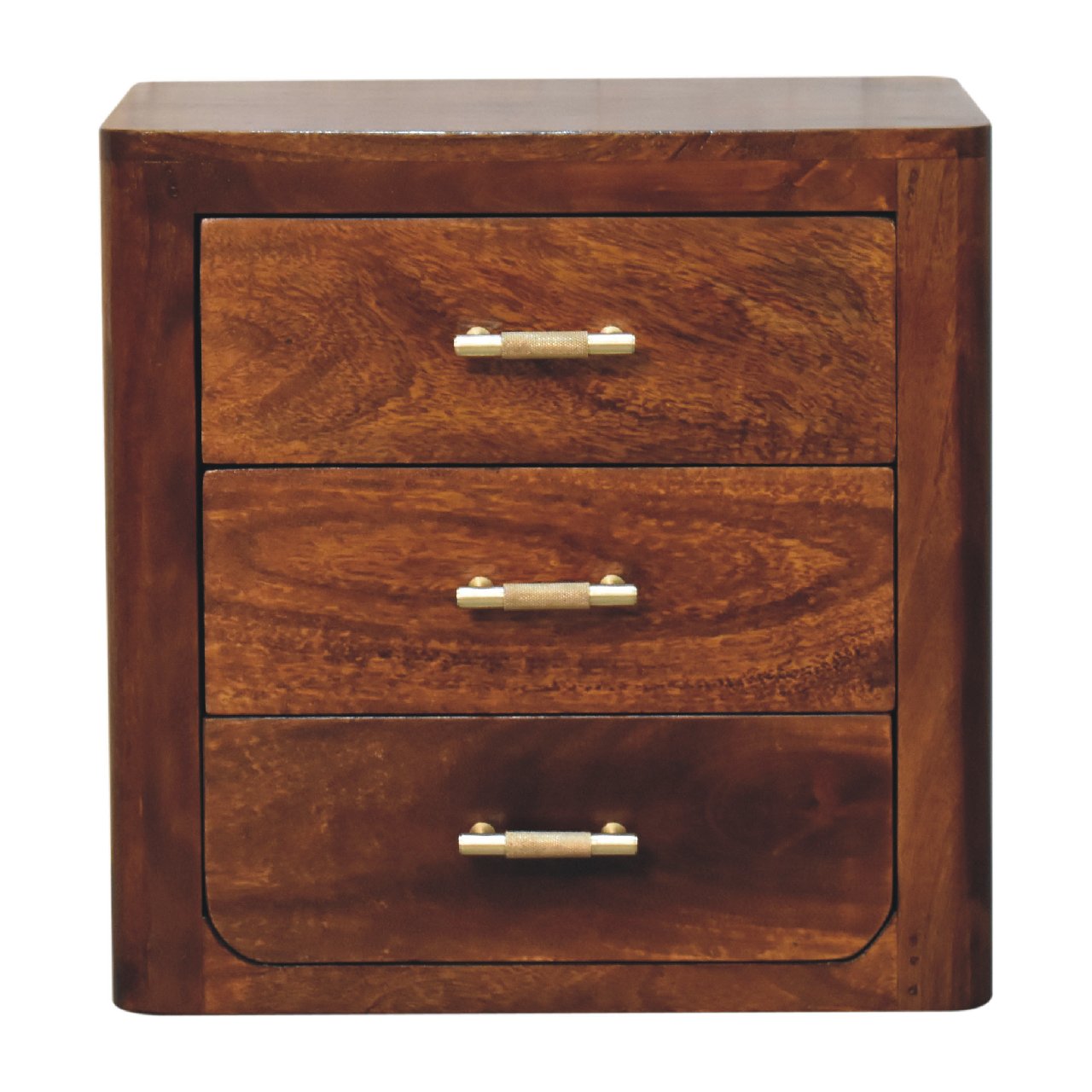 Bedside 3 drawer Luca by Maple Manor solid wood bedside table with three drawers and brass handles.