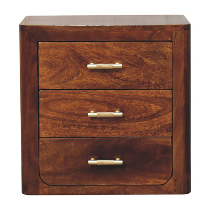 Bedside 3 drawer Luca by Maple Manor solid wood bedside table with three drawers and brass handles.