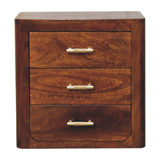Bedside 3 drawer Luca by Maple Manor solid wood bedside table with three drawers and brass handles.