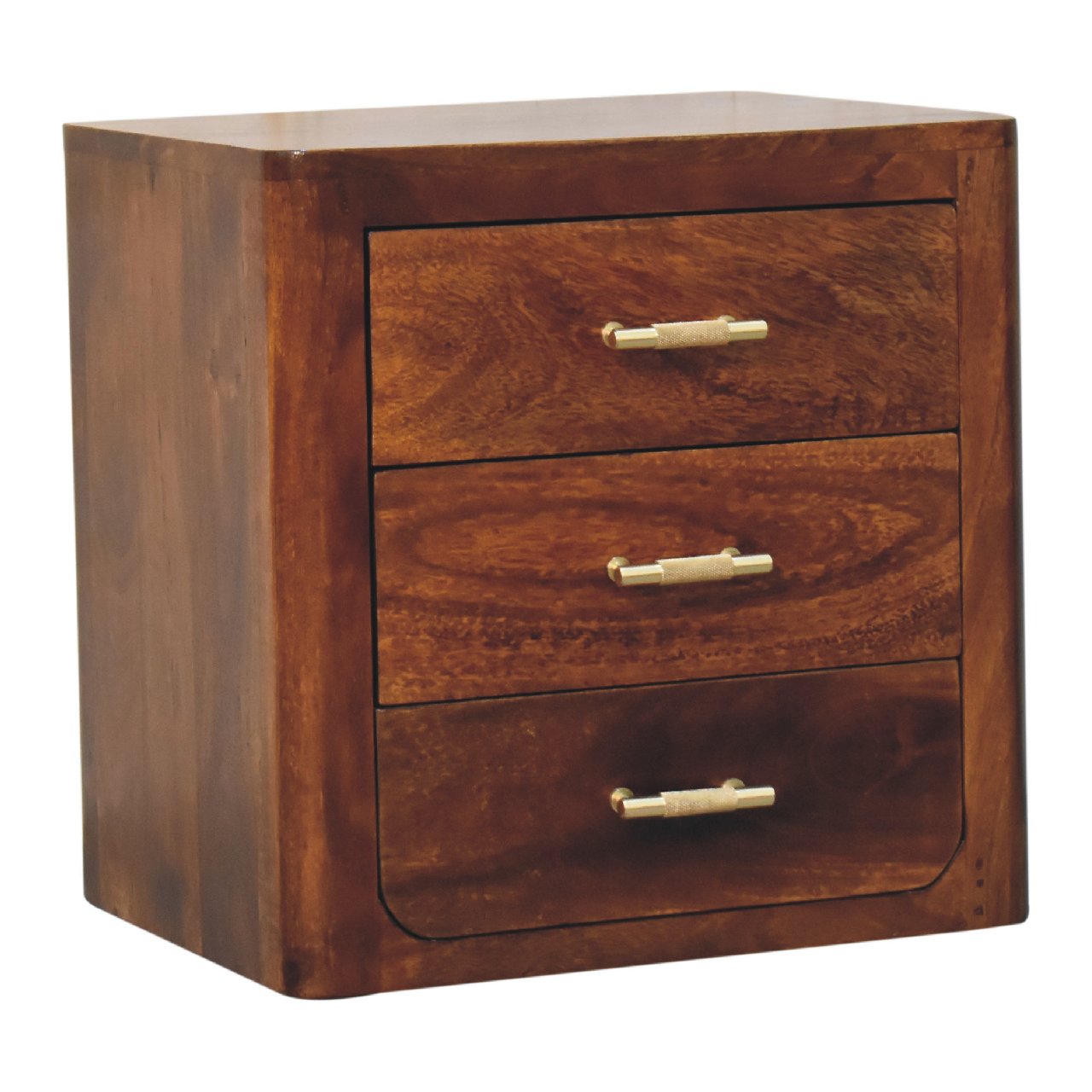 Bedside 3 drawer Luca by Maple Manor solid wood mango wood bedside table with three drawers and brass handles
