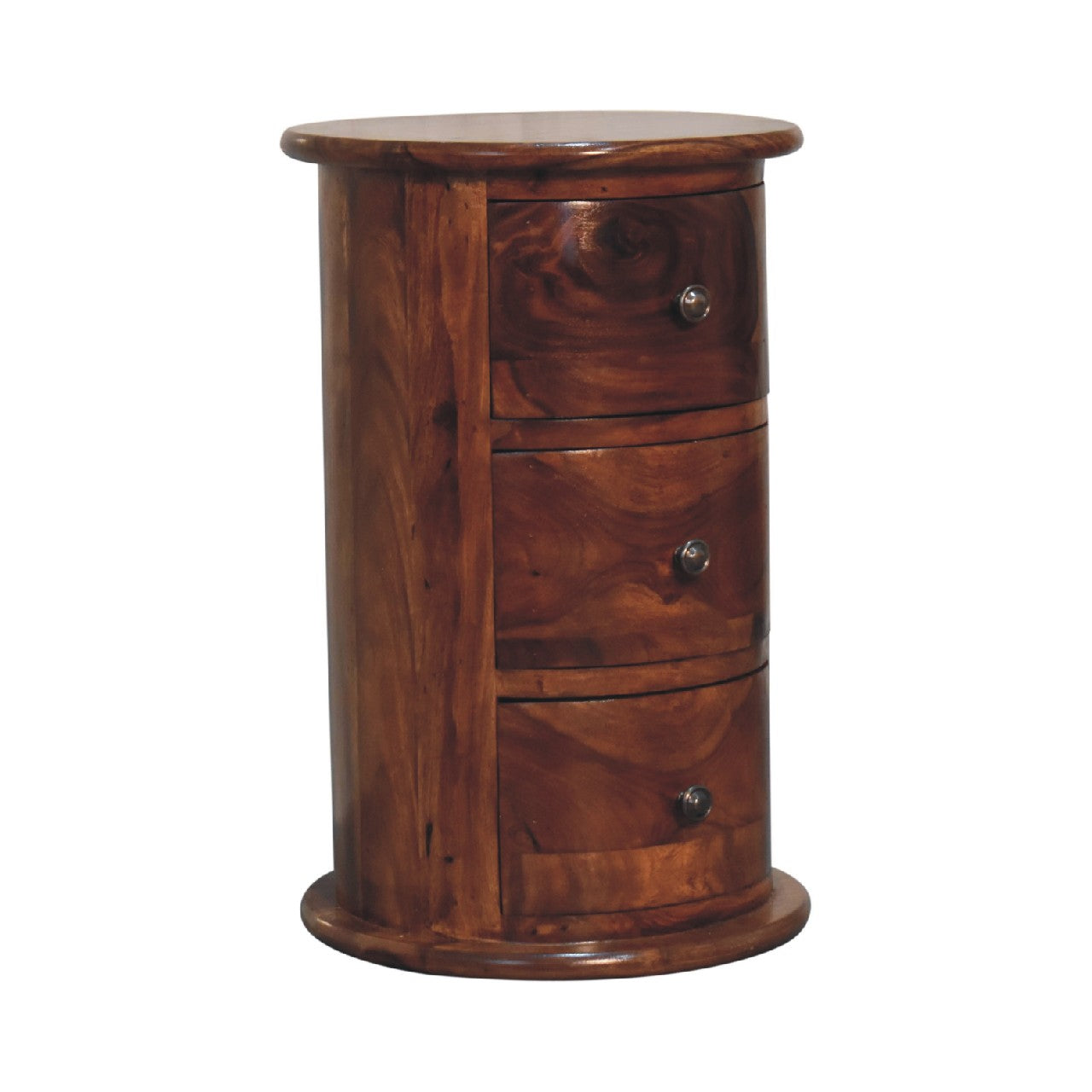 3 Drawer Chestnut Drum Sheesham by Maple Manor wooden bedside side table with three drawers, drum shape.