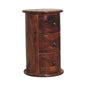 3 Drawer Chestnut Drum Sheesham by Maple Manor wooden bedside side table with three drawers, drum shape.