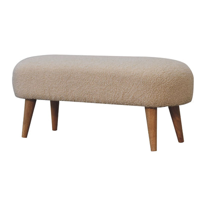 Hallway Bench Boucle by Maple Manor bench in beige boucle with solid wood mango legs.