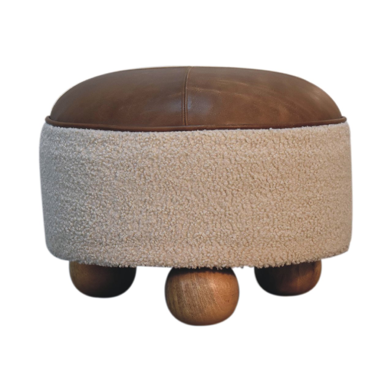 Footstool Cream Boucle Buffalo by Maple Manor with cream boucle upholstery, solid wood legs, and brown top.