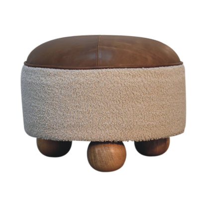 Footstool Cream Boucle Buffalo by Maple Manor with cream boucle upholstery, solid wood legs, and brown top.