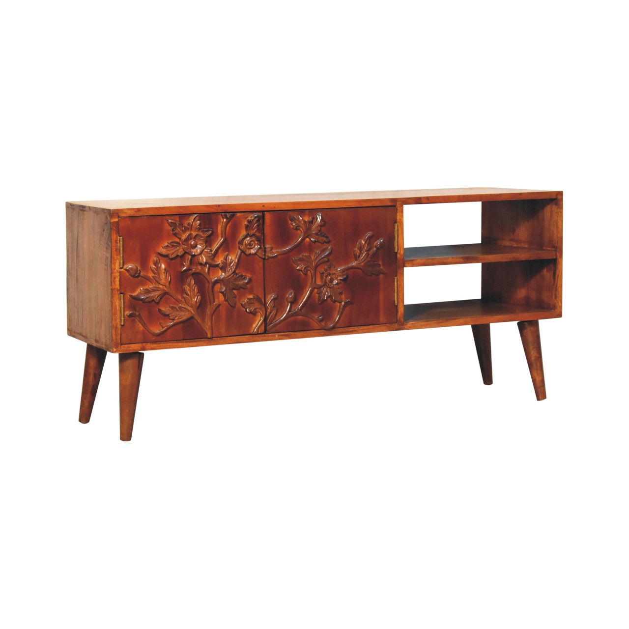 Media Unit - Botanic by Maple Manor media unit in solid wood with carved botanical doors and open shelving
