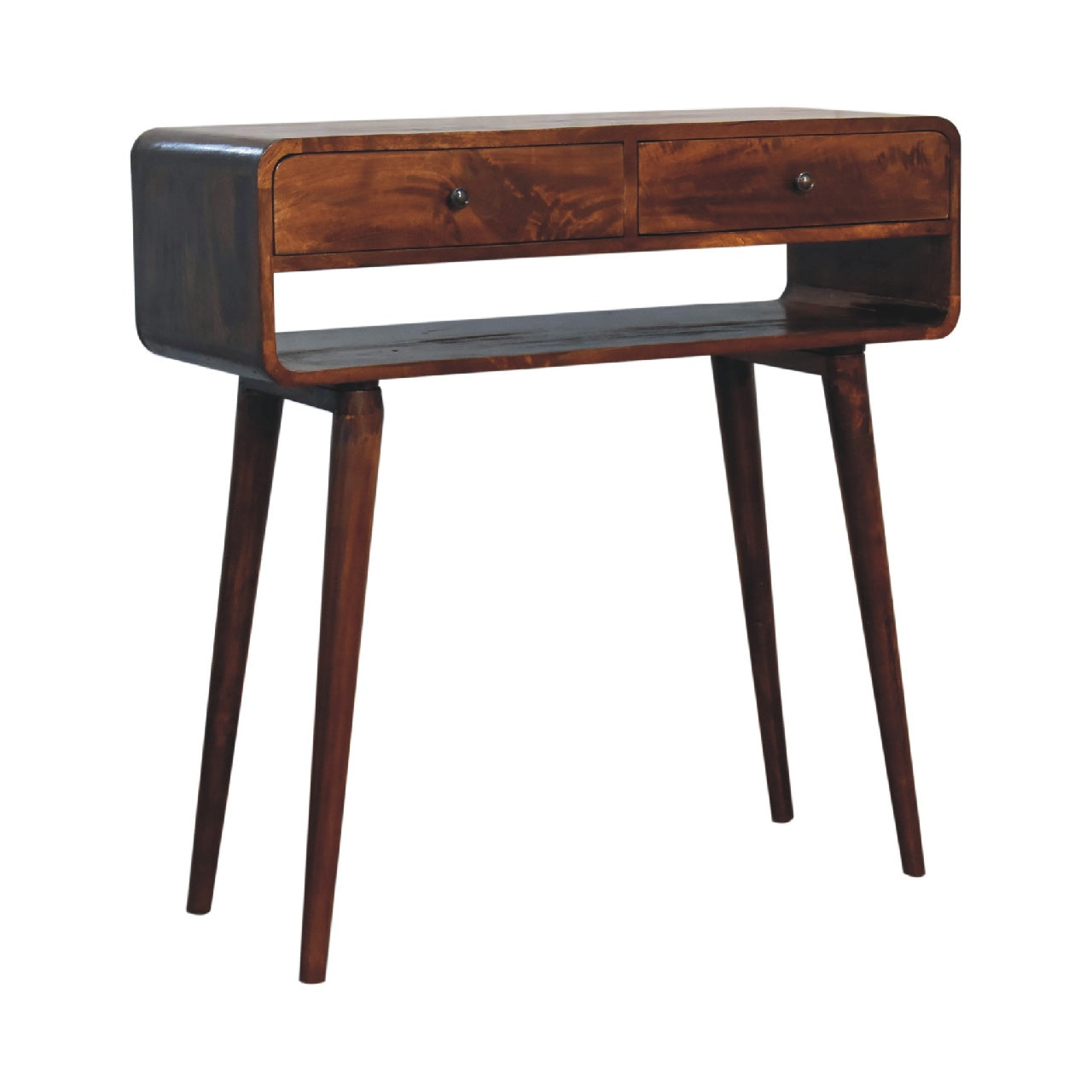 Chestnut Console Table Sonata by Maple Manor, chestnut console table with two drawers and curved top legs