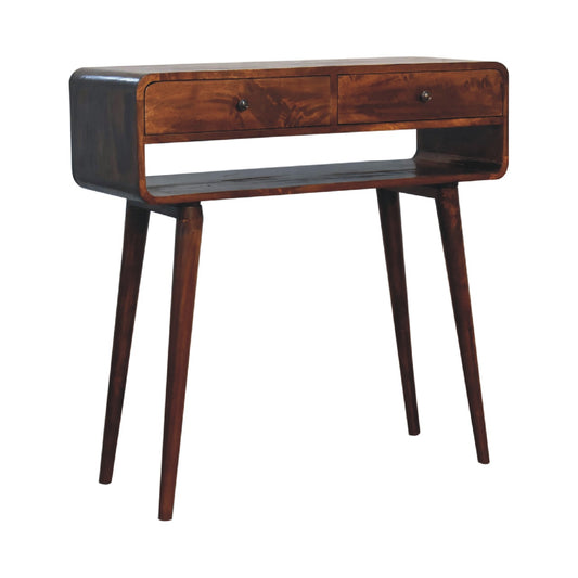 Chestnut Console Table Sonata by Maple Manor, chestnut console table with two drawers and curved top legs