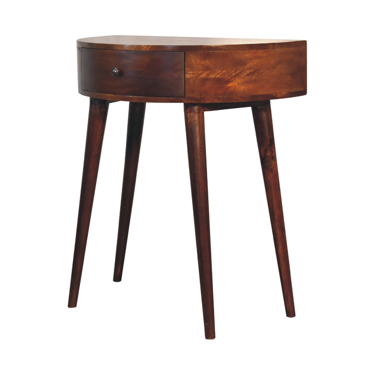 Console Table - Odyssey by Maple Manor in solid wood with one drawer and tapered legs, warm brown finish