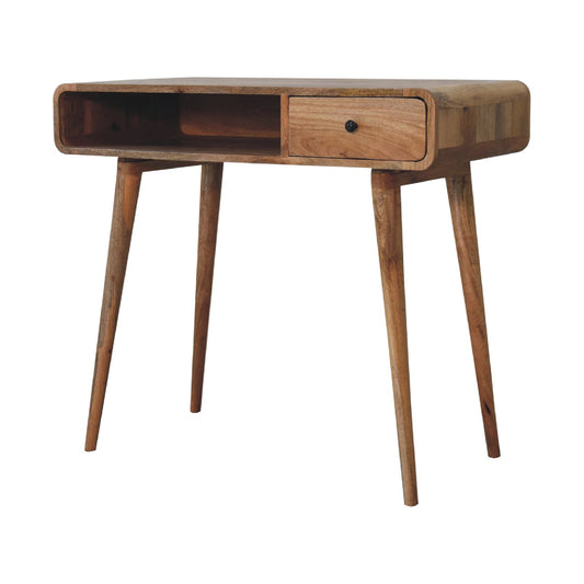 Oak-ish Writing Desk Curved by Maple Manor in solid wood mango wood, with curved top and drawer storage.