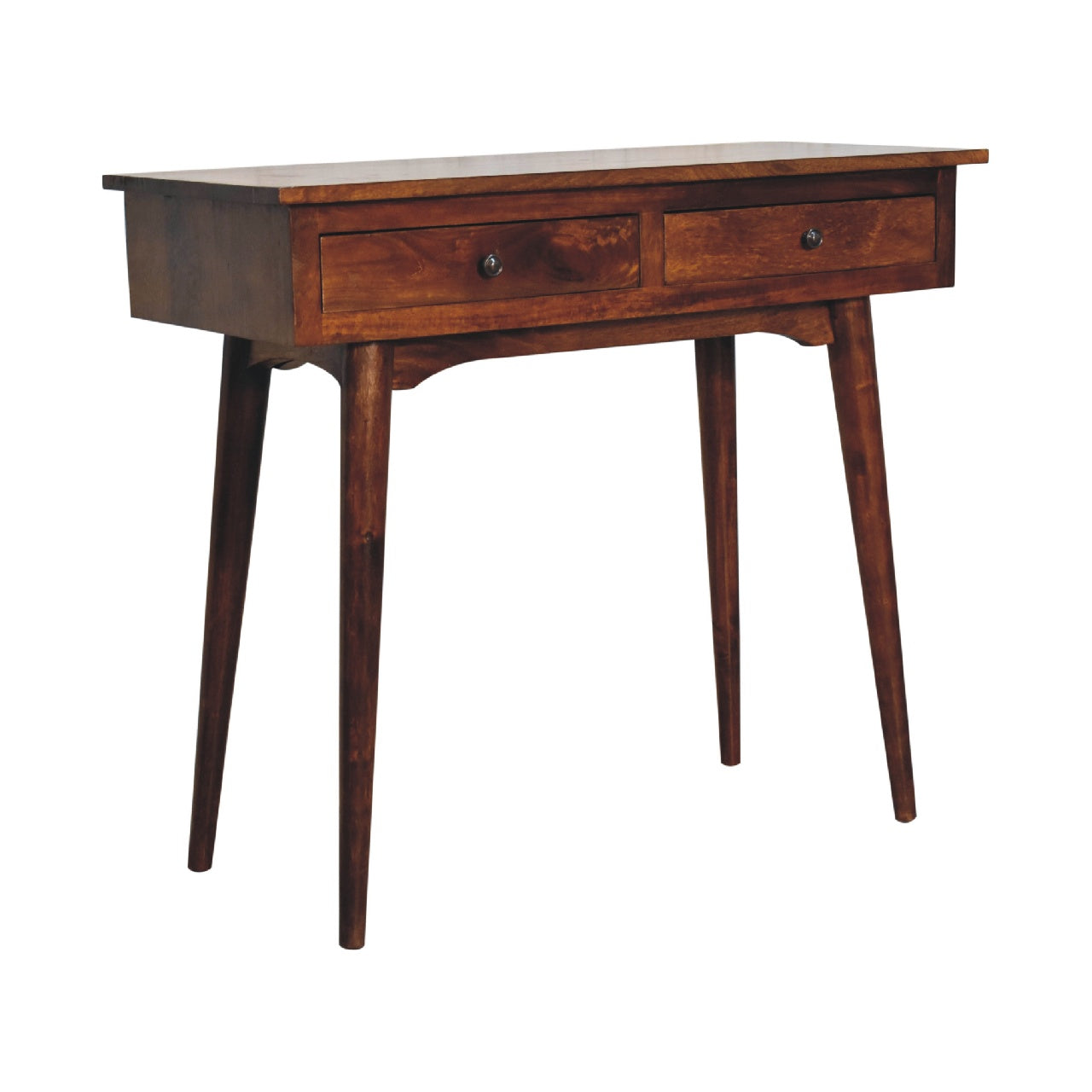 Chestnut Console Table 2 Drawer by Maple Manor, solid wood with two drawers and dark wood legs.