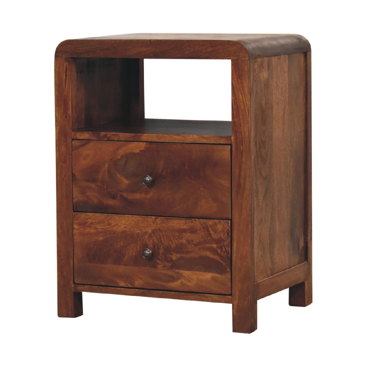 Bedside 2 Drawer - Aspen Maple Manor bedside table in warm brown wood with two drawers and round knobs