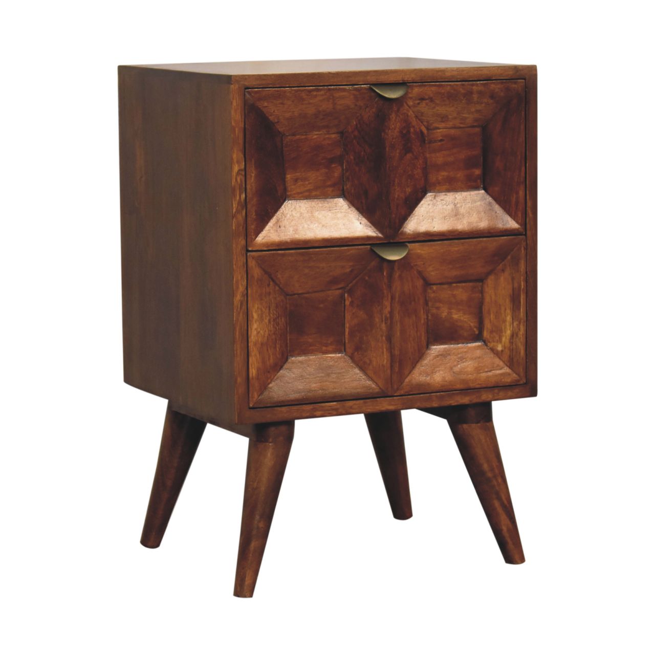Bedside - Quad Maple Manor solid wood bedside table in warm brown with carved drawer fronts and cubby storage.
