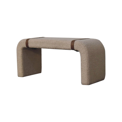 Leather Bench Boucle Strap by Maple Manor, solid wood frame with taupe boucle upholstered seat and back