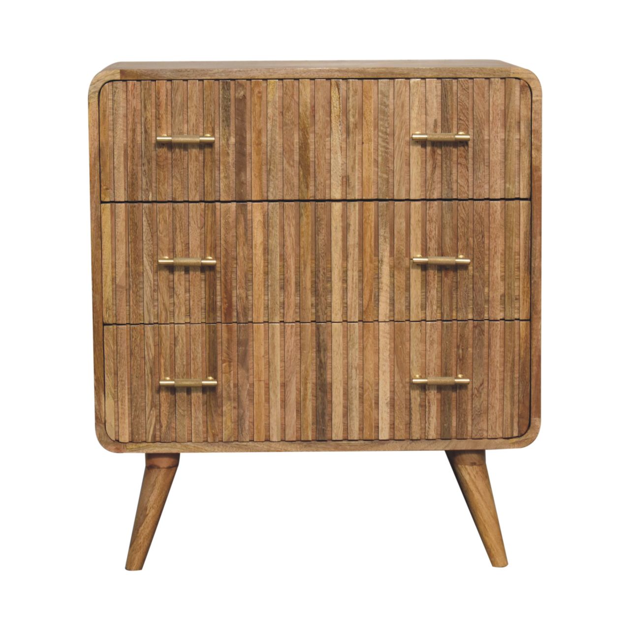 Chest of Drawers - T-bar Ridged by Maple Manor in mango wood with ridged front and brass handles, on tapered legs