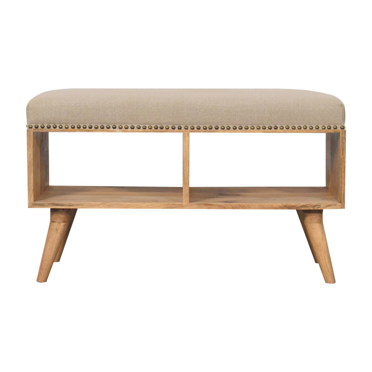 Open Bench - Studded Linen by Maple Manor beige studded linen top on solid wood legs