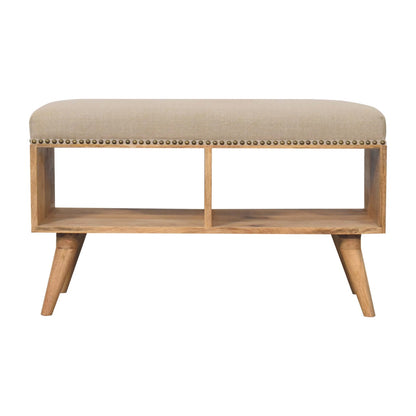 Open Bench - Studded Linen by Maple Manor beige studded linen top on solid wood legs