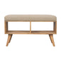 Open Bench - Studded Linen by Maple Manor beige studded linen top on solid wood legs