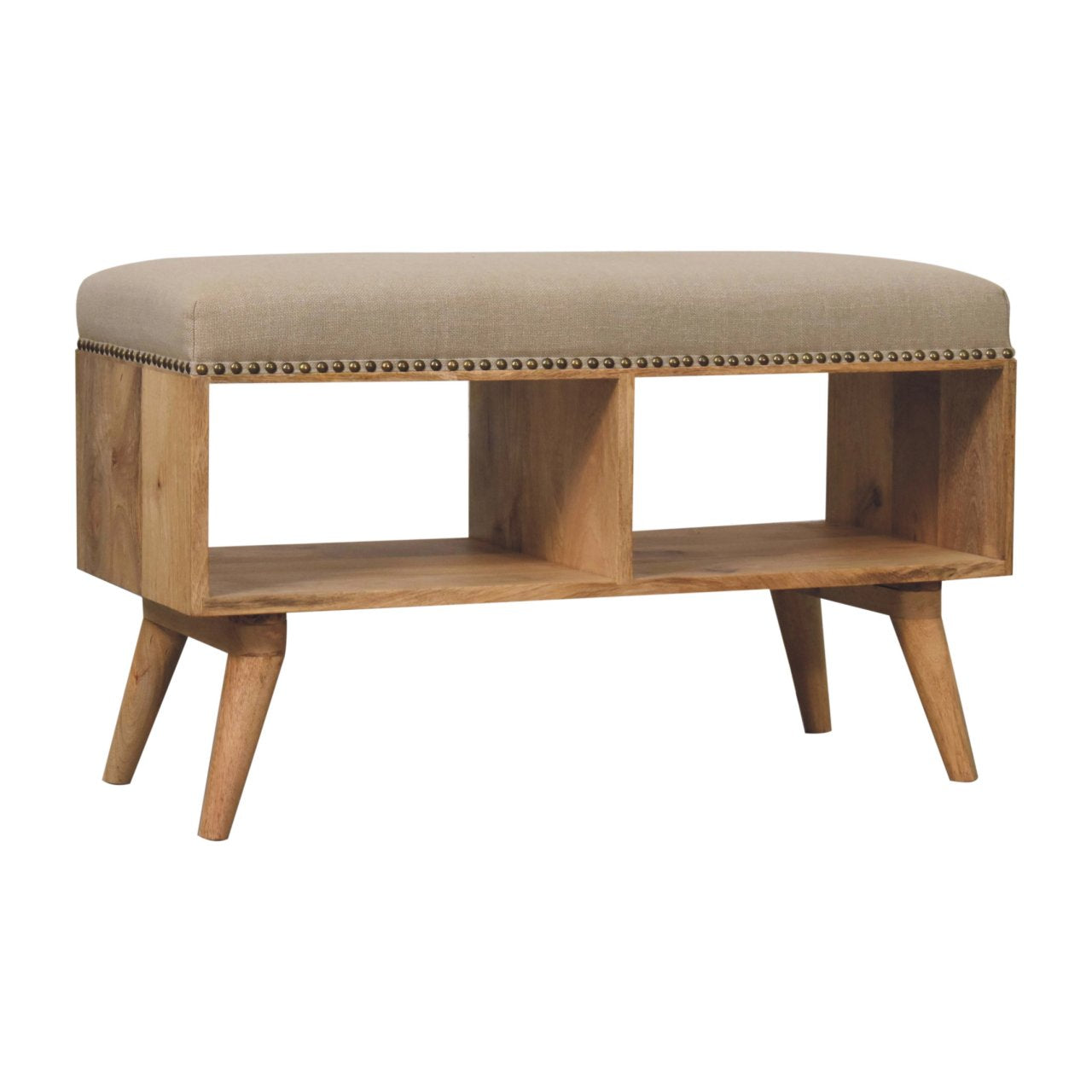 Open Bench - Studded Linen by Maple Manor in solid wood with light linen top and brass stud trim.