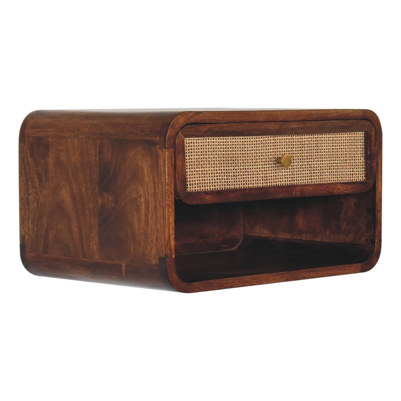 Chestnut Bedside Woven Wall Mounted Maple Manor bedside cabinet in chestnut wood with woven front drawer