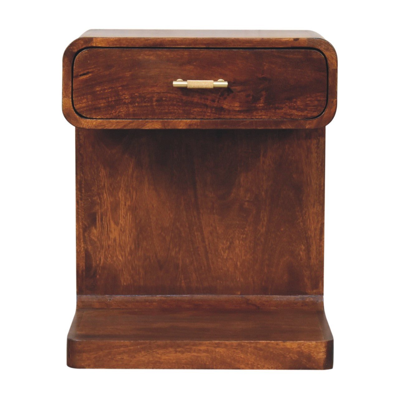 Chestnut Bedside T-Bar Rounded Maple Manor bedside table in chestnut solid wood with T-bar drawer handle.