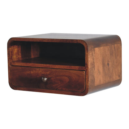 Floating Bedside - Large Chestnut Curve Upper Slot by Maple Manor wall mounted solid wood bedside table with drawer