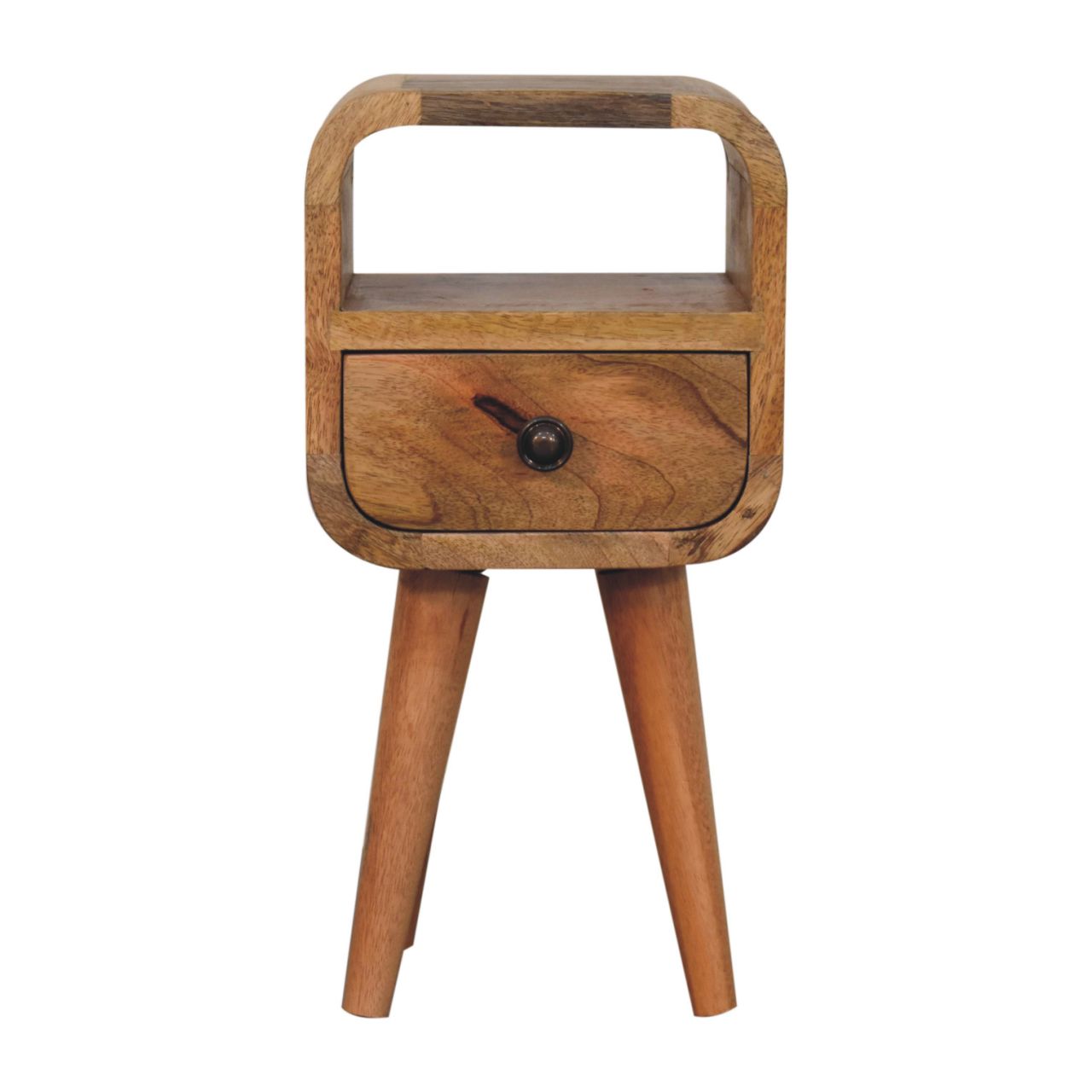 Oakish Bedside Extra Mini Curve by Maple Manor bedside table in oakish mango wood with curved top and drawer