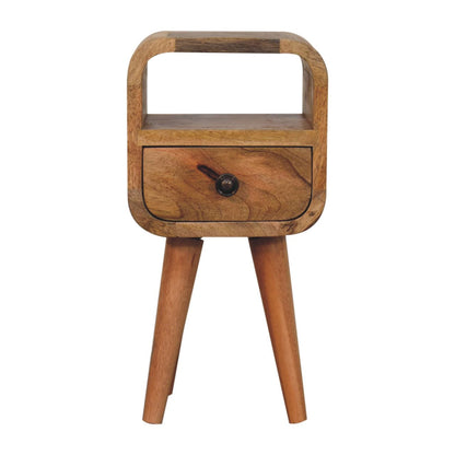Oakish Bedside Extra Mini Curve by Maple Manor bedside table in oakish mango wood with curved top and drawer