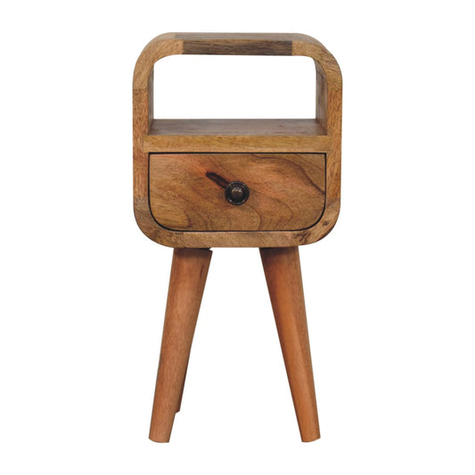 Oakish Bedside Extra Mini Curve by Maple Manor bedside table in oakish mango wood with curved top and drawer