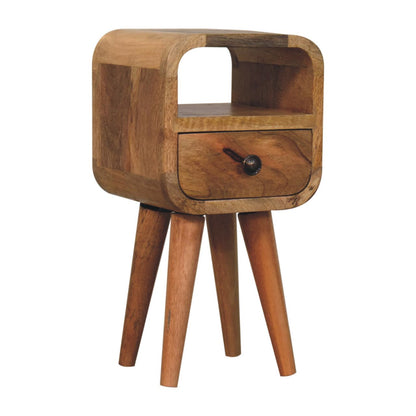 Oakish Bedside Extra Mini Curve by Maple Manor solid wood bedside table with curved top, open shelf, and drawer