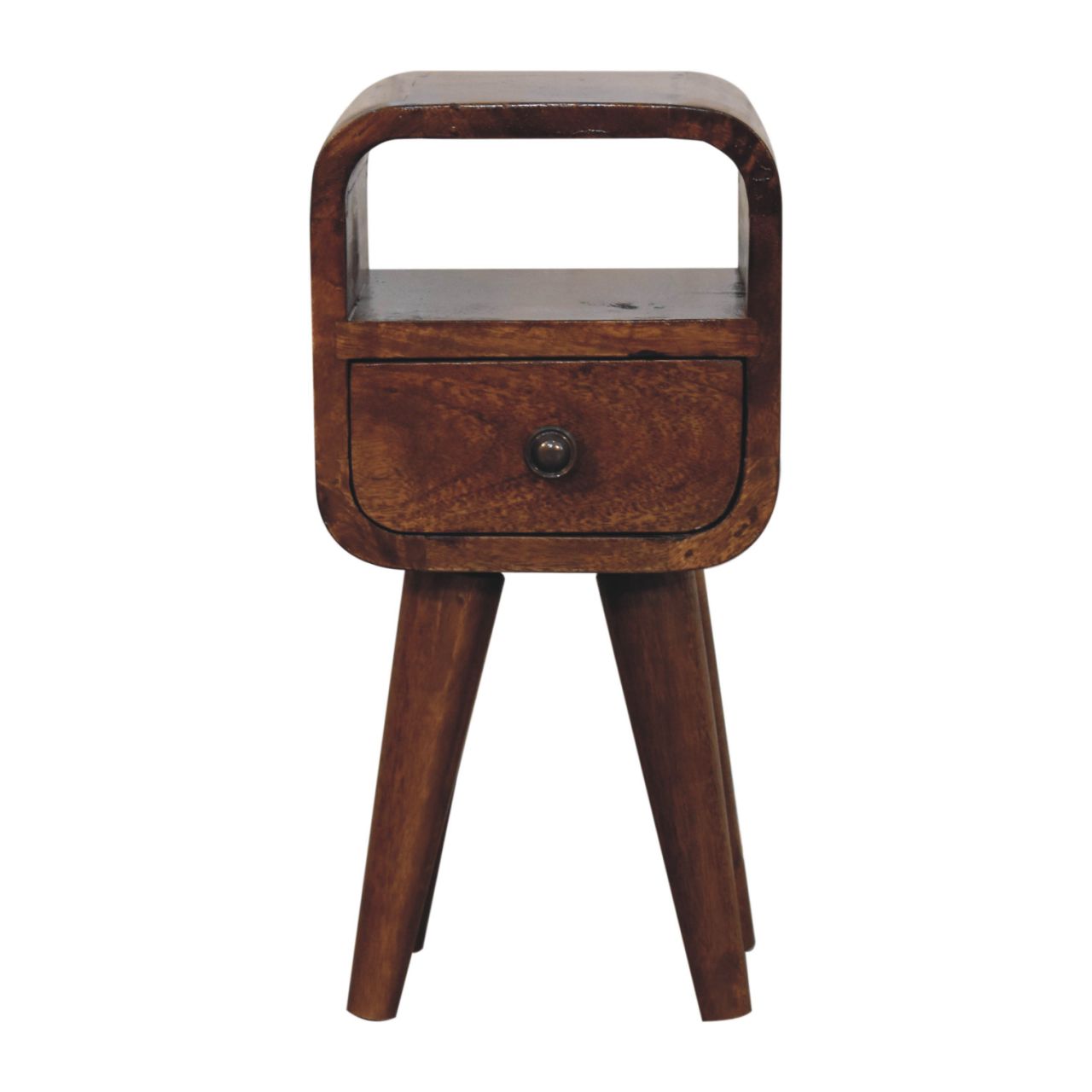 Chestnut Bedside Extra Mini Curve Open Slot by Maple Manor solid wood bedside table in chestnut with drawer.