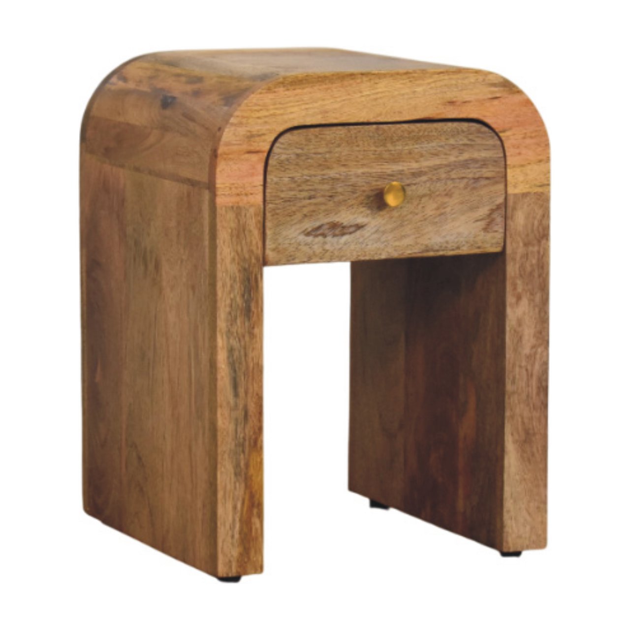 Oak-ish Bedside Mini Darcy with Curved Edges by Maple Manor, solid wood drawer nightstand in warm brown grain