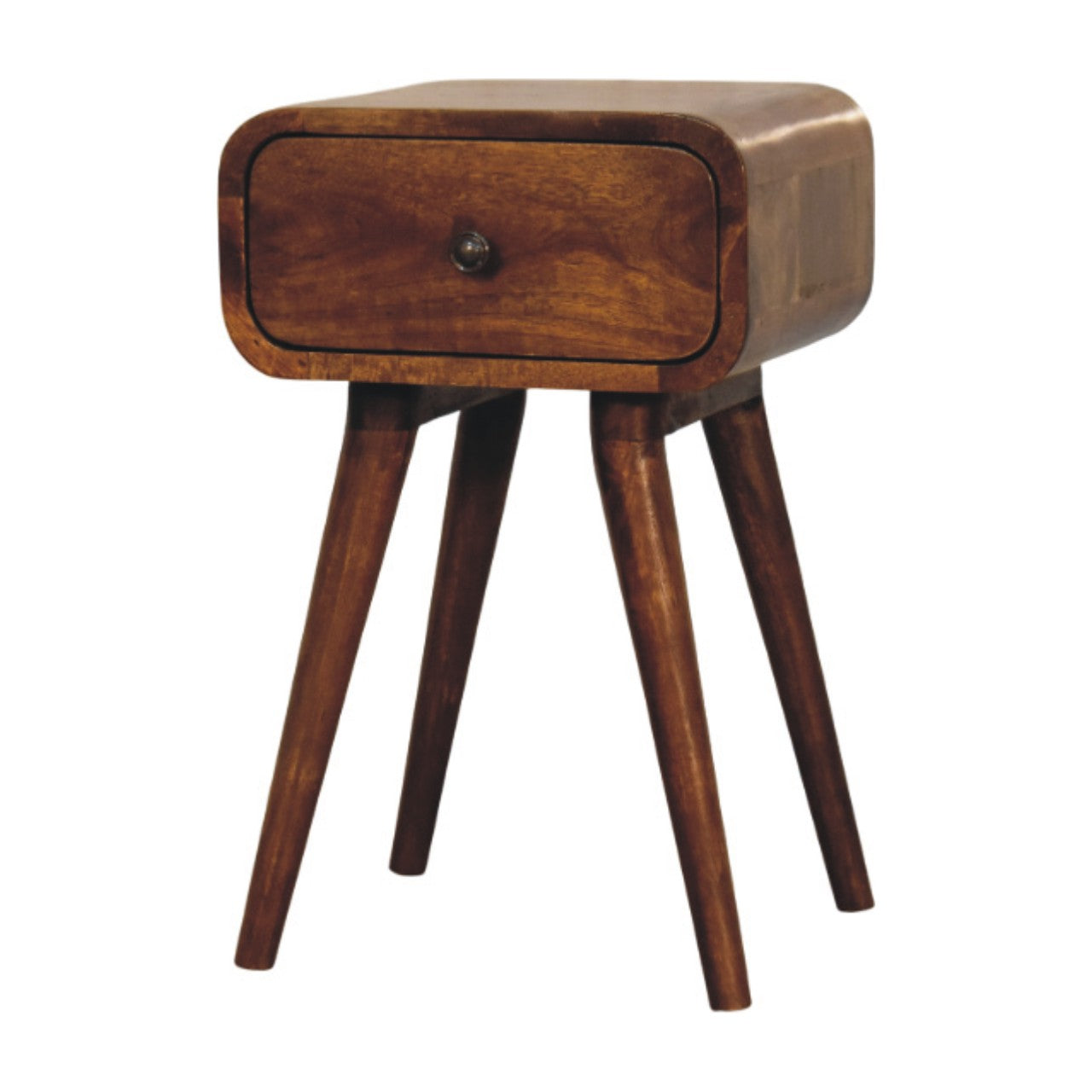 Chestnut Bedside with 1 Drawer Avora Mini by Maple Manor solid wood bedside table, chestnut tone with round drawer.